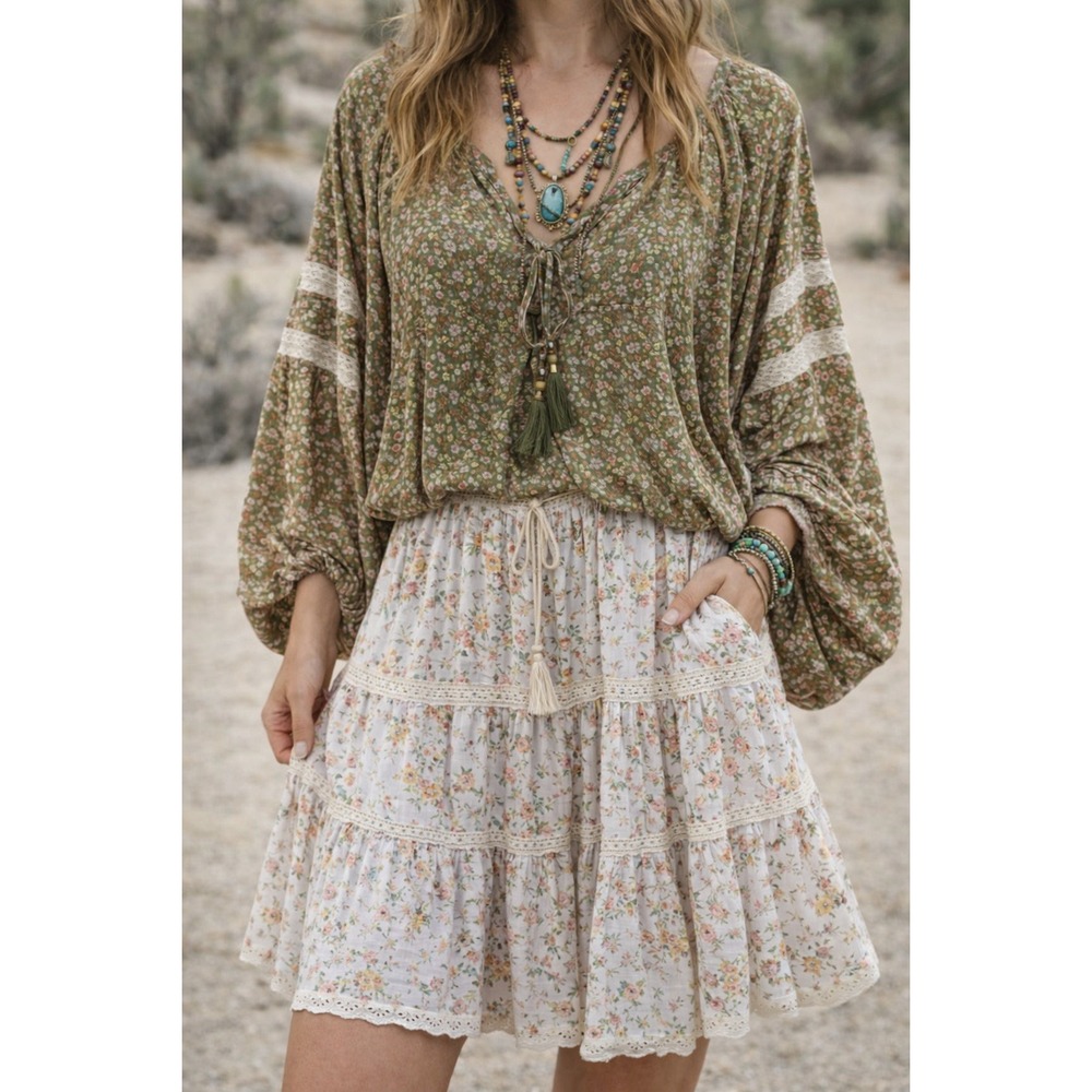 A Collective Story XL‎ Blouse Boho Floral Surplice Balloon Sleeve Cottagecore